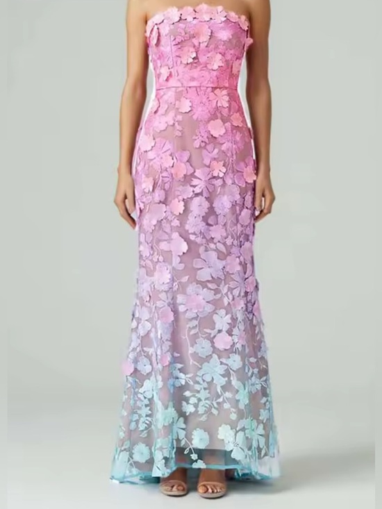 Dresses & Skirts - NEW $225 Strapless Pink Ombre Floral Appliqué Evening Dress